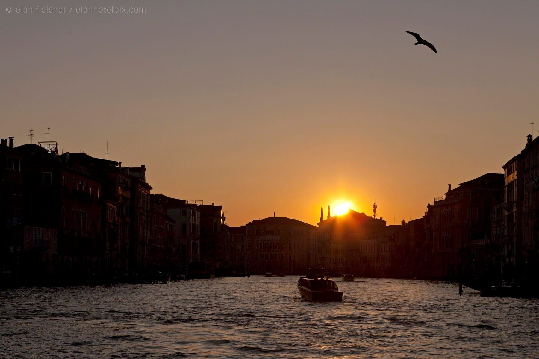 Il Canal Grande all'imbrunire con le luci dei palazzi.