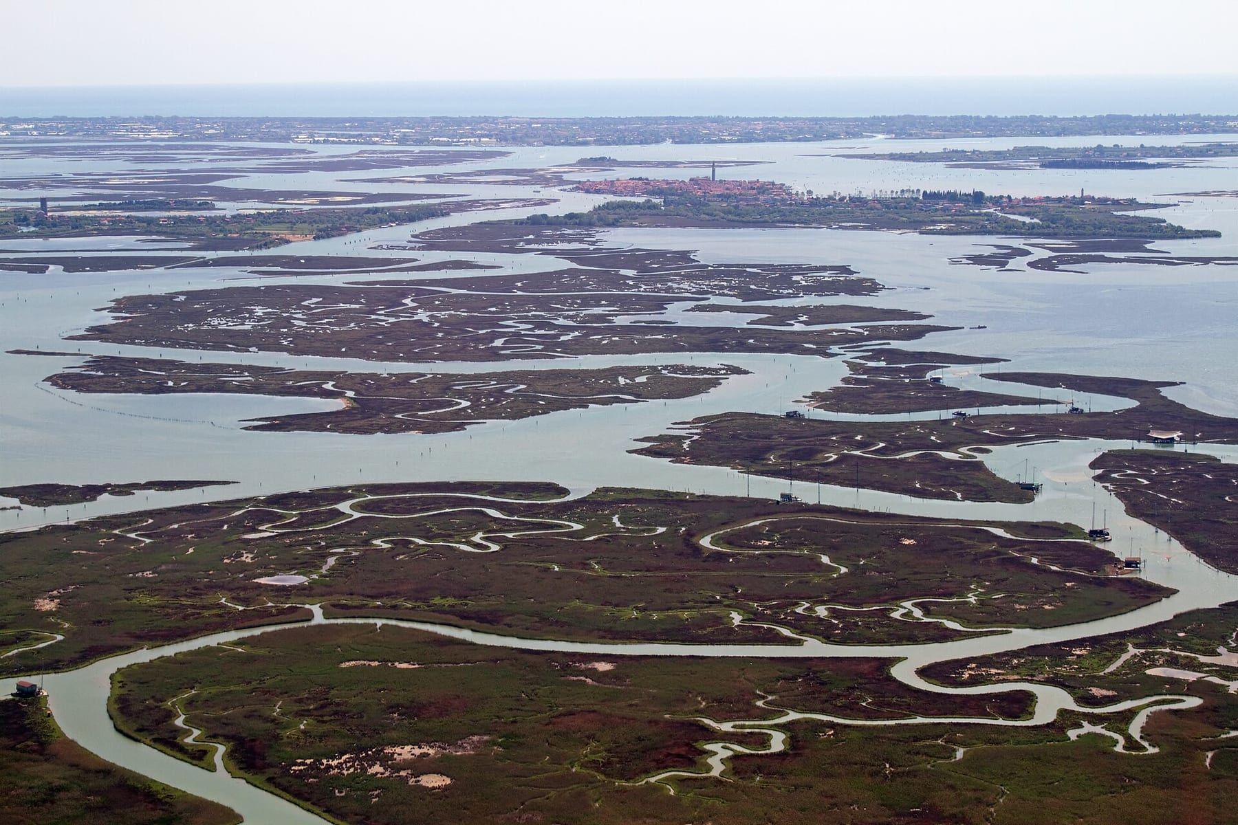 Venice from the air, with the lagoon and the Grand Canal